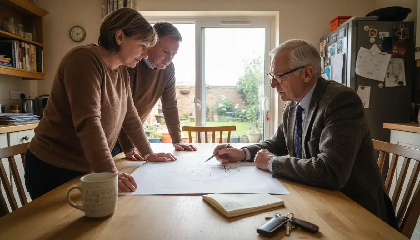 Homeowners and architect discussing home extension plans